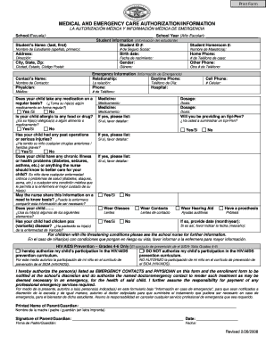 Medical and Emergency Care Authorization Form