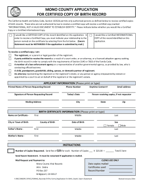 Mono County Birth Record Application