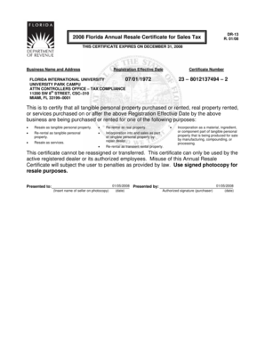 2008 Florida Annual Resale Certificate for Sales Tax
