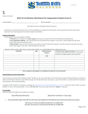 2014-15 Verification Worksheet for Independent Student