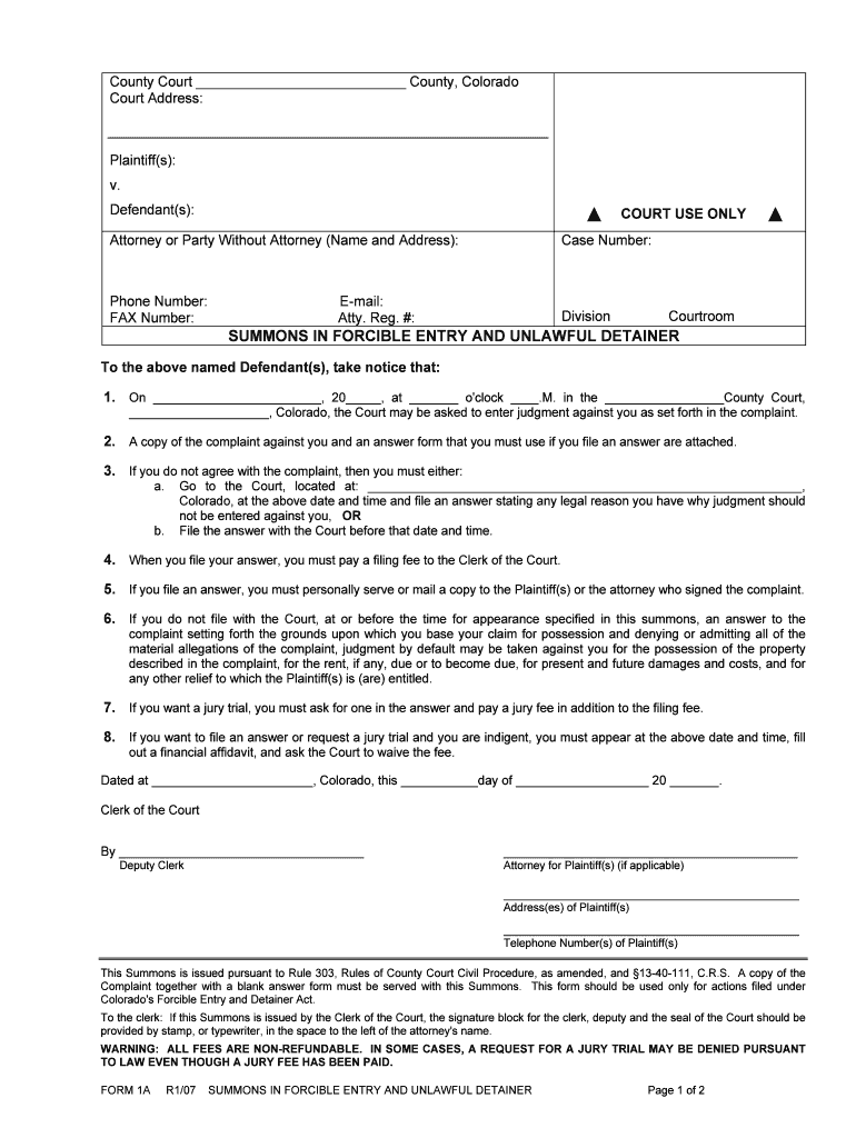 Fillable Online Summons in bforcible entryb and unlawful detainer ...