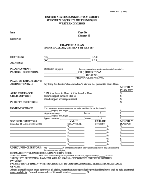 Chapter 13 Bankruptcy Plan Form LF002