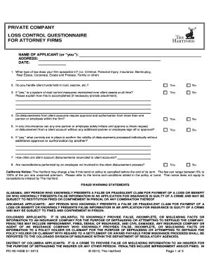 Private Company Loss Control Questionnaire for Attorney Firms