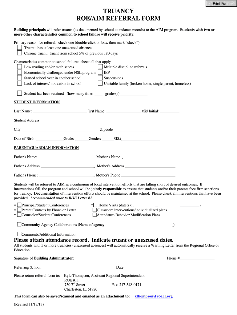 23 ROE 23 AIM Referral Form Fill Online, Printable, Fillable With Regard To Truancy Letter Template