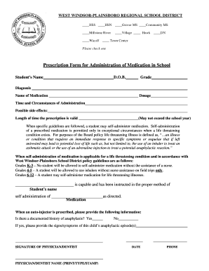 Prescription Form for Administration of Medication in School