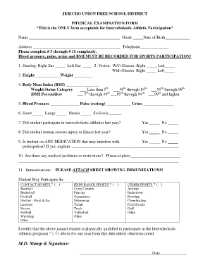 Jericho Union Free School District Physical Exam Form