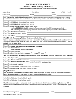 Hockinson School District Student Health History Form
