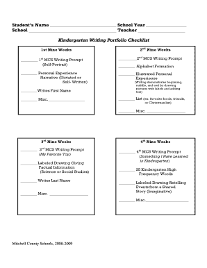 Kindergarten Writing Portfolio Checklist