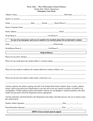 Nathan Hale Emergency Care Form