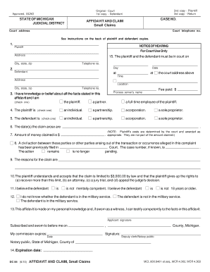 Affidavit and Claim Small Claims Form DC 84