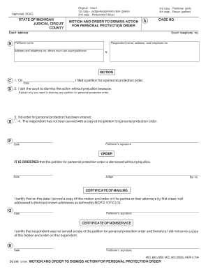 Motion and Order to Dismiss Action for Personal Protection Order