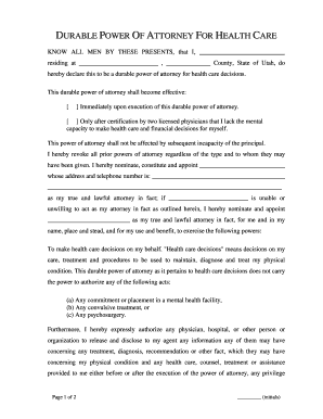 Power of attorney form - Durable Power Of Attorney For Health Care Utah Form.doc