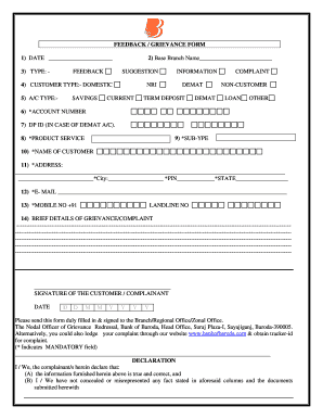 Bank of Baroda Feedback Grievance Form