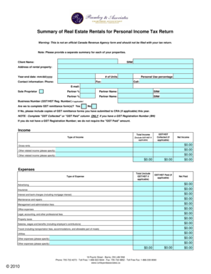 Real Estate Rental Income Summary Form