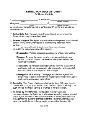 Limited Power of Attorney for Motor Vehicle
