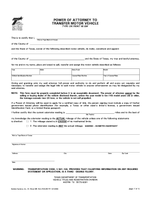 Texas Motor Vehicle Power of Attorney