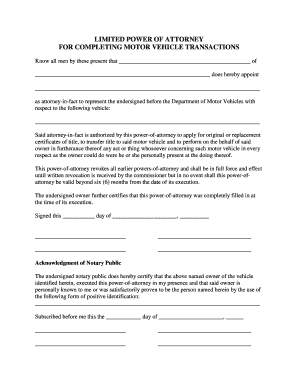 Limited Power of Attorney for Motor Vehicle Transactions