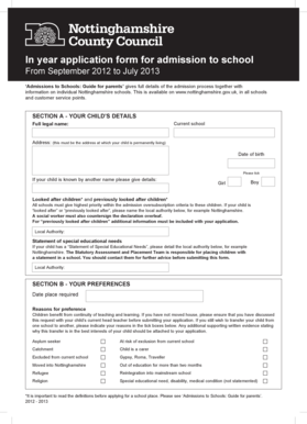 Nottinghamshire School Admission Application Form