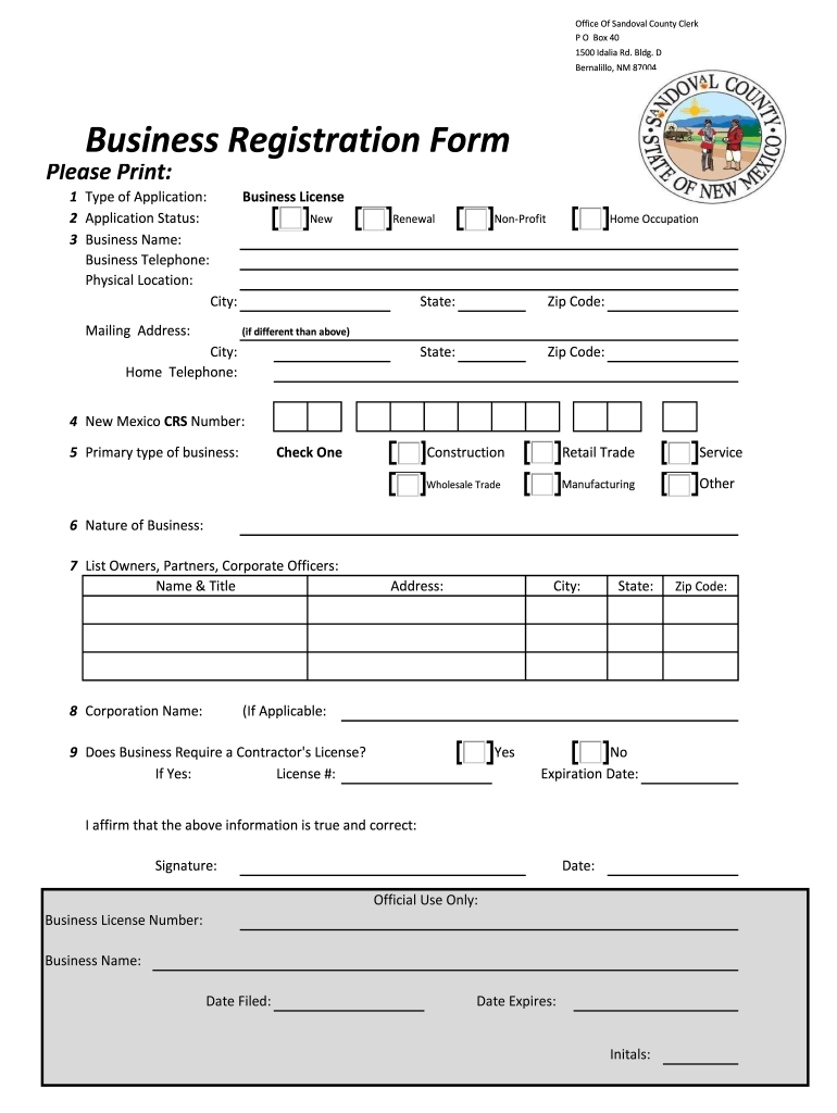 Business Registration Form - Sandoval County Preview on Page 1