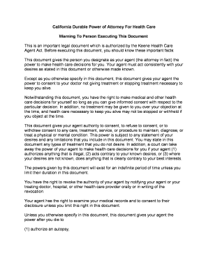 California Durable Power of Attorney for Health Care