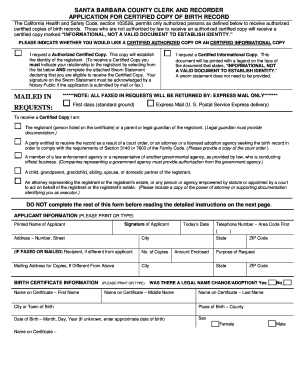 Santa Barbara County Birth Record Application