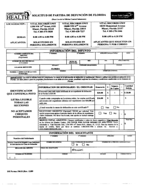 Formulario de solicitud de partida de defunción de Florida