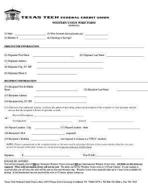 Western Union Wire Form