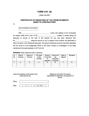 VAT-28 Certificate of Deduction of Tax from Payments to Contractors