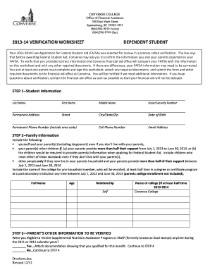 2013-14 Verification Worksheet Dependent Student
