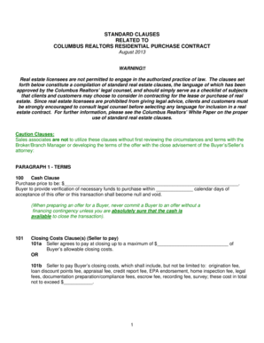 Columbus Realtors Residential Purchase Contract Standard Clauses