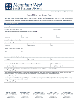 Personal History and Resume Form