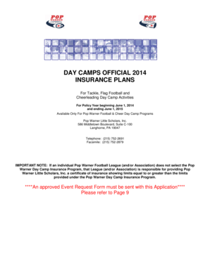 Pop Warner Day Camps Insurance Enrollment Form