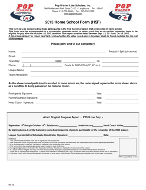 2013 Pop Warner Home School Form