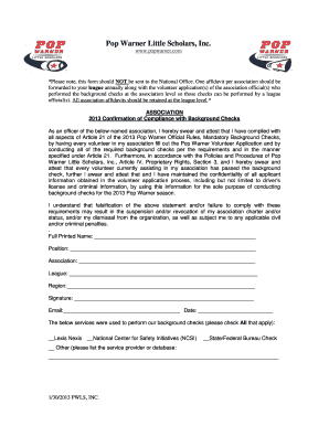 Pop Warner Background Check Compliance Affidavit