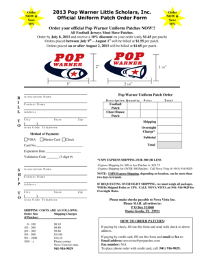 Pop Warner Uniform Patch Order Form