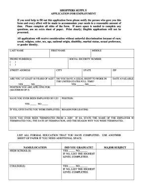 Shoppers Supply Application for Employment