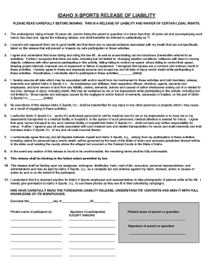 Idaho X-Sports Release of Liability