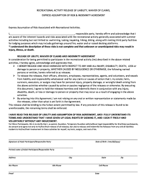Recreational Activity Release of Liability Waiver