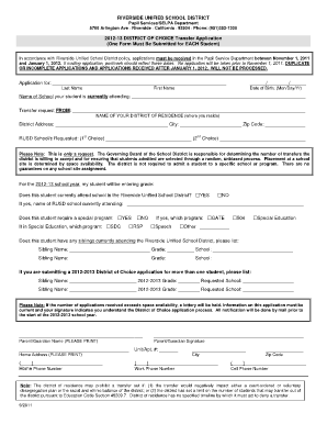 Riverside Unified School District Transfer Application