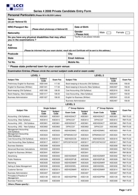 LCCI Malaysia Private Candidate Entry Form