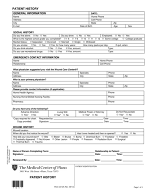 Wound Care Center Patient History Form