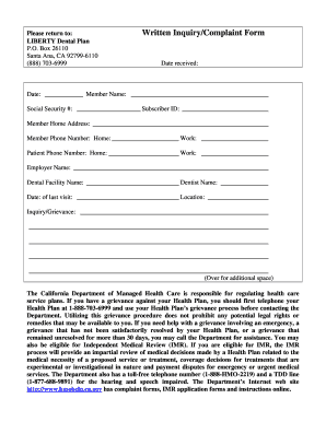 Liberty Dental Plan Written Inquiry/Complaint Form