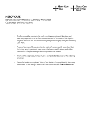 Mercy Care Bariatric Surgery Monthly Summary Worksheet