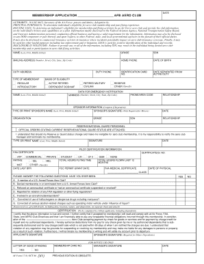 AF Form 1710 Aero Club Membership Application