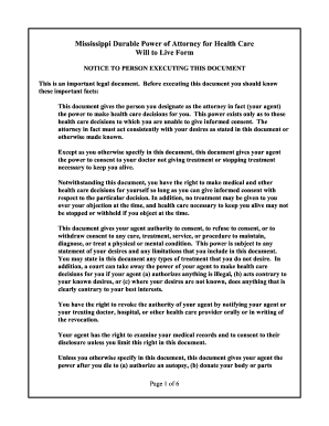 Mississippi Durable Power of Attorney for Health Care
