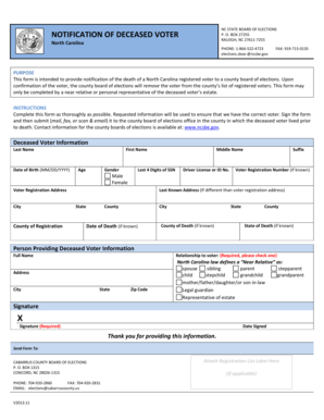 North Carolina Deceased Voter Notification Form