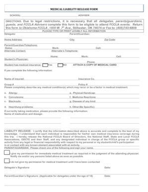 Oklahoma FCCLA Medical Liability Release Form