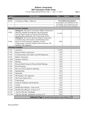 Debtors Anonymous 2013 Literature Order Form