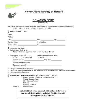 Visitor Aloha Society of Hawai’i Donation Form