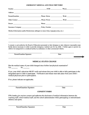 Emergency Medical and Field Trip Form